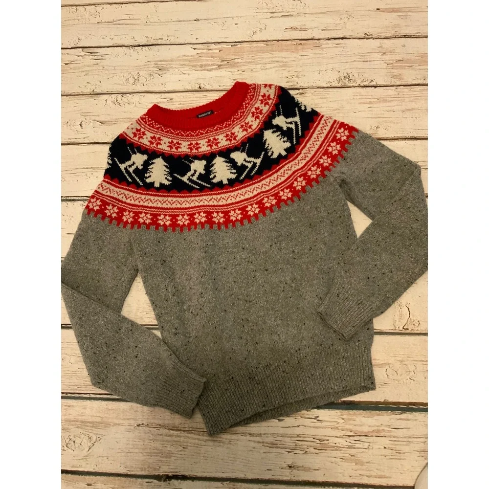 American Eagle Seriously Soft Fair Isle‎ Ski Sweater Grey Red Navy Mens XS